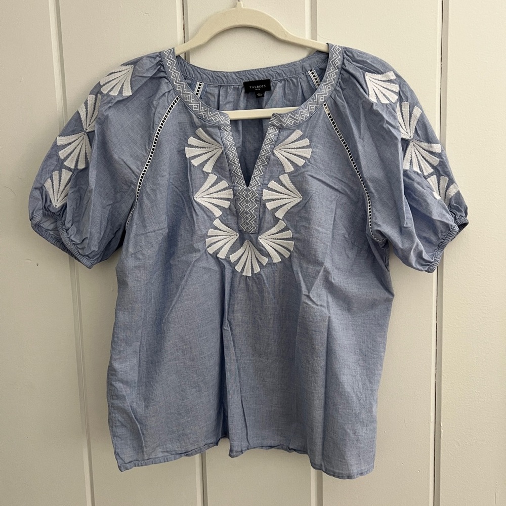 Talbots Sky Blue Top with White Embroidery